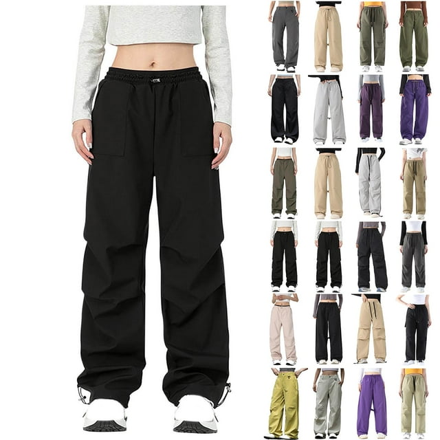 Frostluinai Pantalons Cargo Parachute pour Femmes avec Poches Séchage Rapide Pantalons de Randonnée Légers Imperméables Joggeurs Amples Taille à Cordon Pantalons d'Extérieur