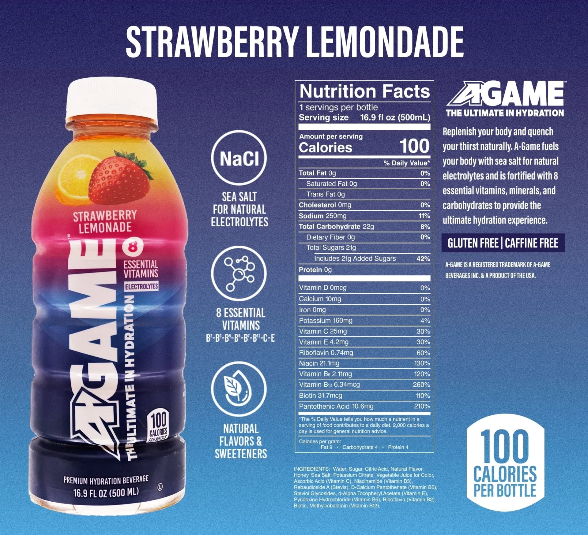 16.9oz A-GAME Beverages Strawberry Lemonade- Case of 12