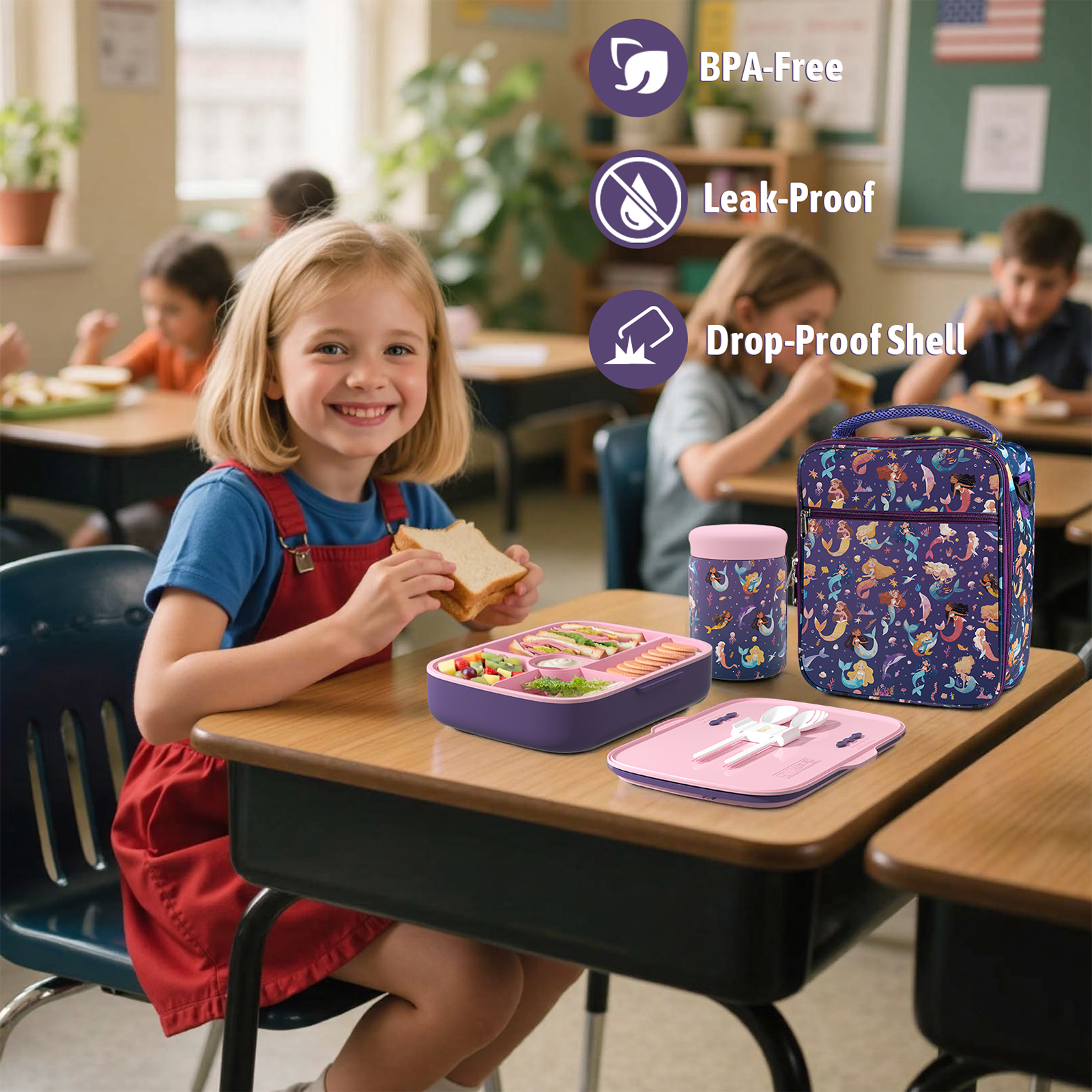 TeSabMi Bento Lunch Box for Kids Insulated Bento Box with Leak Proof Thermos Food Jar  Purple Mermaid