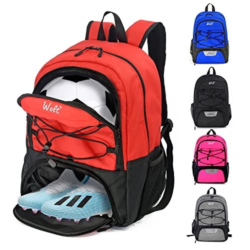 Wolt | Mochila fútbol juvenil - Bolsa baloncesto, voleibol y fútbol, compart. zapatos y pelota, jóvenes y adultos (Rojo)