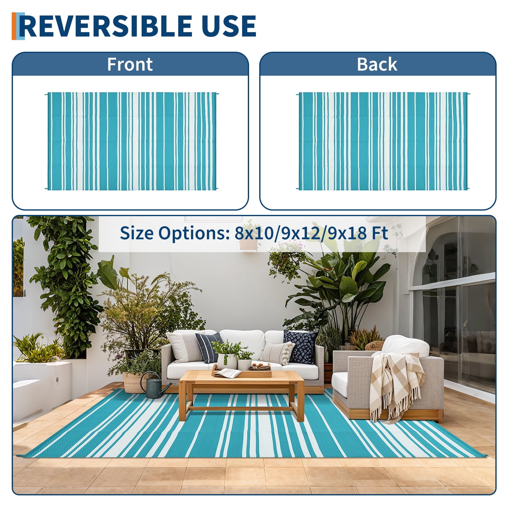 Twister.CK Outdoor Rug 8' x 10' Waterproof Patio Rug, Reversible Plastic Outside Carpet, Striped Camping Straw Rugs, for RV Camping Deck Balcony Backyard, Light Blue
