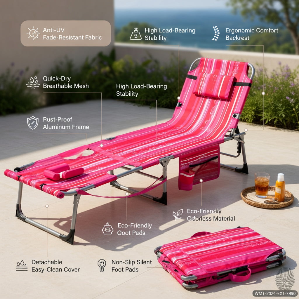 Hommoo Portable Folding Tanning Chair with Face Hole & Adjustable Backrest, Lightweight Sunbathing Lounger for Beach, Pool, Lawn, Pink Stripe