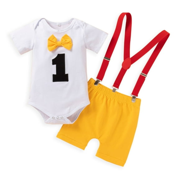 Toddler Boy Clothes Baby Bow Tie Romper Bodysuit Funny First Birthday Set Outfits,2-Piece,Size 12 Months-18 Months