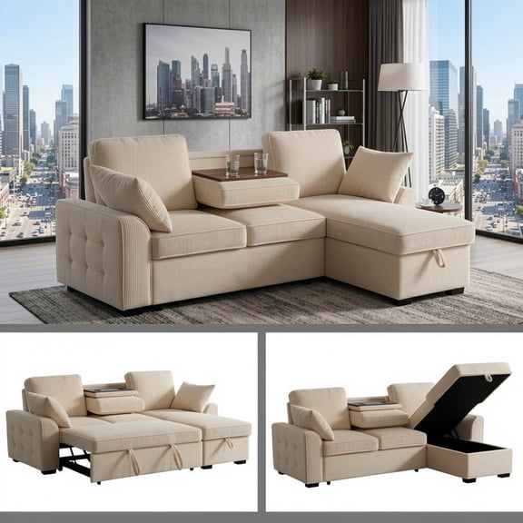 Howcool 102" Modular Cloud Sectional Sofa, Modern Oversized Deep Seat Corduroy Couch with Memory Foam Cushions, Built-in Storage and Cup Holders, Beige