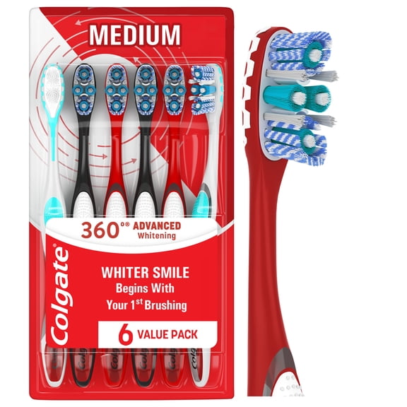 Colgate 360 Advanced Whitening Medium Toothbrushes, Manual Toothbrush Pack, 6 Count