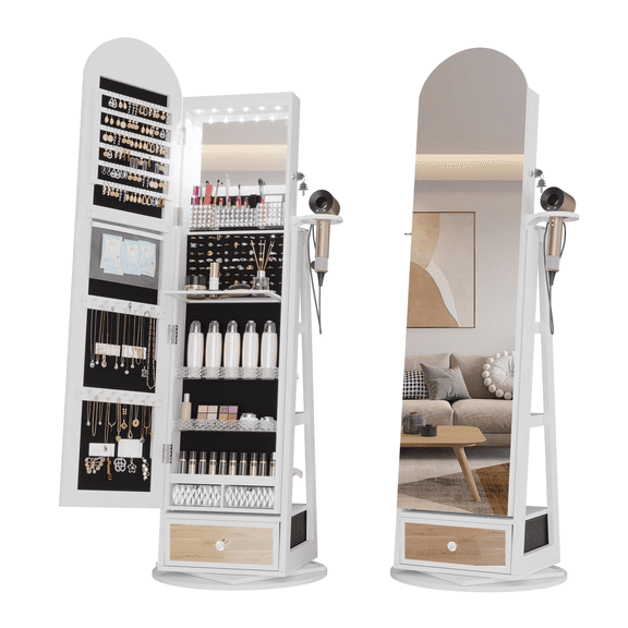 360°Swivel Jewelry Armoire, 64" Full Length Mirror Cabinet Free Standing Organizer with LED Lights,White