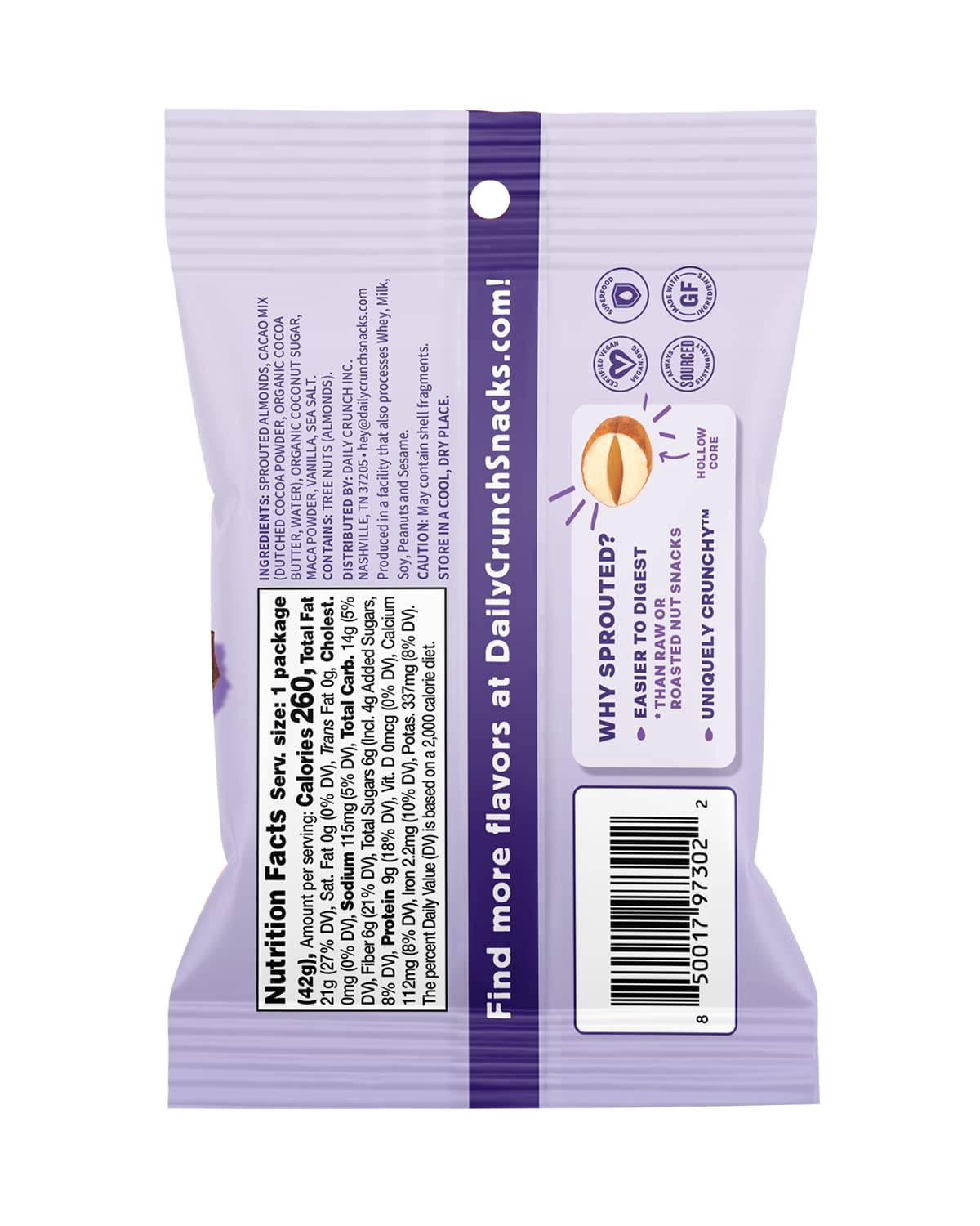 Daily Crunch, Cacao and YYF14 Sea Salt Sprouted Almond, Minis (1.5oz, Pack of 8)- Sprouted and Dehydrated for a Unique Crunch, Keto Friendly, Non-GMO, Oil and Salt Free, Vegan, Healthy Snack…