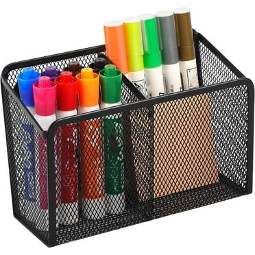 Magnetic Desk Organizer, Metal Mesh Pen Cup Holder Office Supplies Locker Organizers with 2 Compartments ,Strong Magnet Storage Bin Basket Storage for Home Office,Black