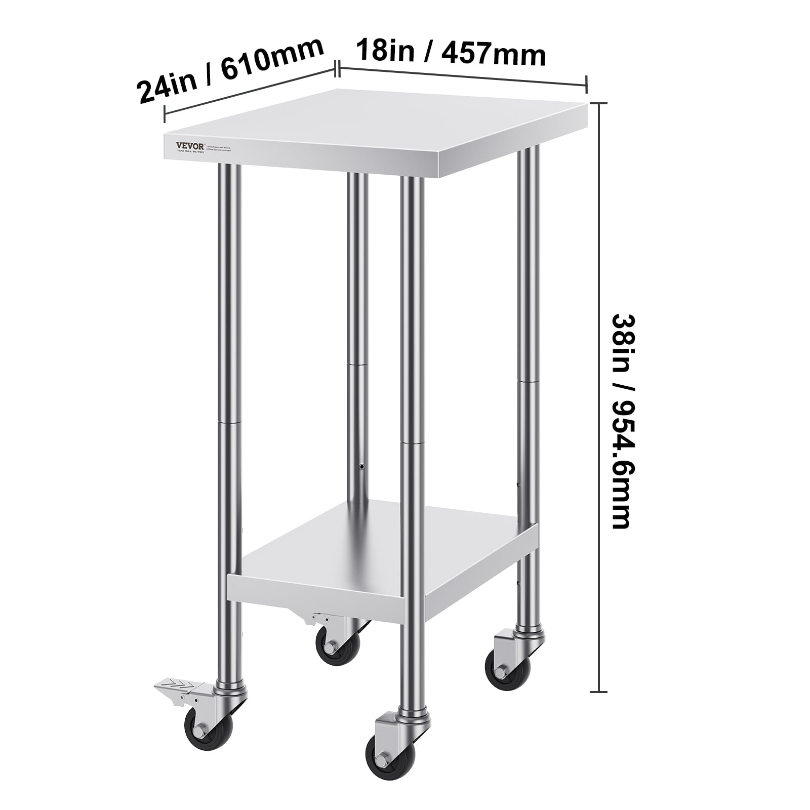 VEVOR Stainless Steel Work Table 24 x 18 x 38 Inch, with 4 Wheels, 3 Adjustable Height Levels, Heavy Duty Food Prep Worktable for Commercial Kitchen Restaurant, Silver
