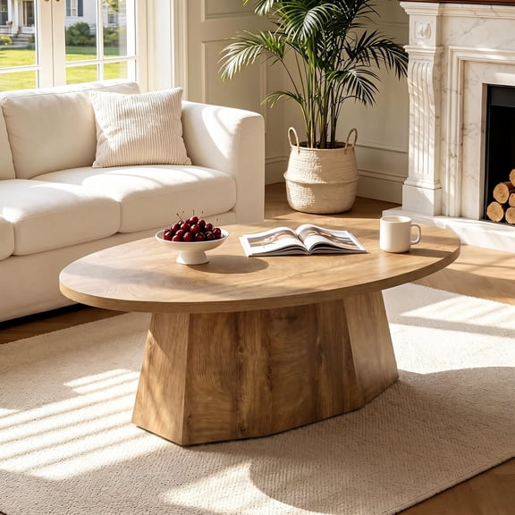Finmind 47-inch Oval Coffee Table, Farmhouse Center Accent Table with Polygonal Pedestal for Living Room, Easy to Assembly, Yellowish Brown