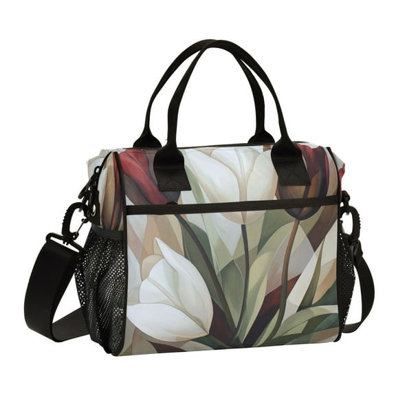 Stylish Insulated Lunch Tote Bag Lunch Cooler Tote Reusable Cooler Bag for Work, Camping, Picnic, Beach White Tulips