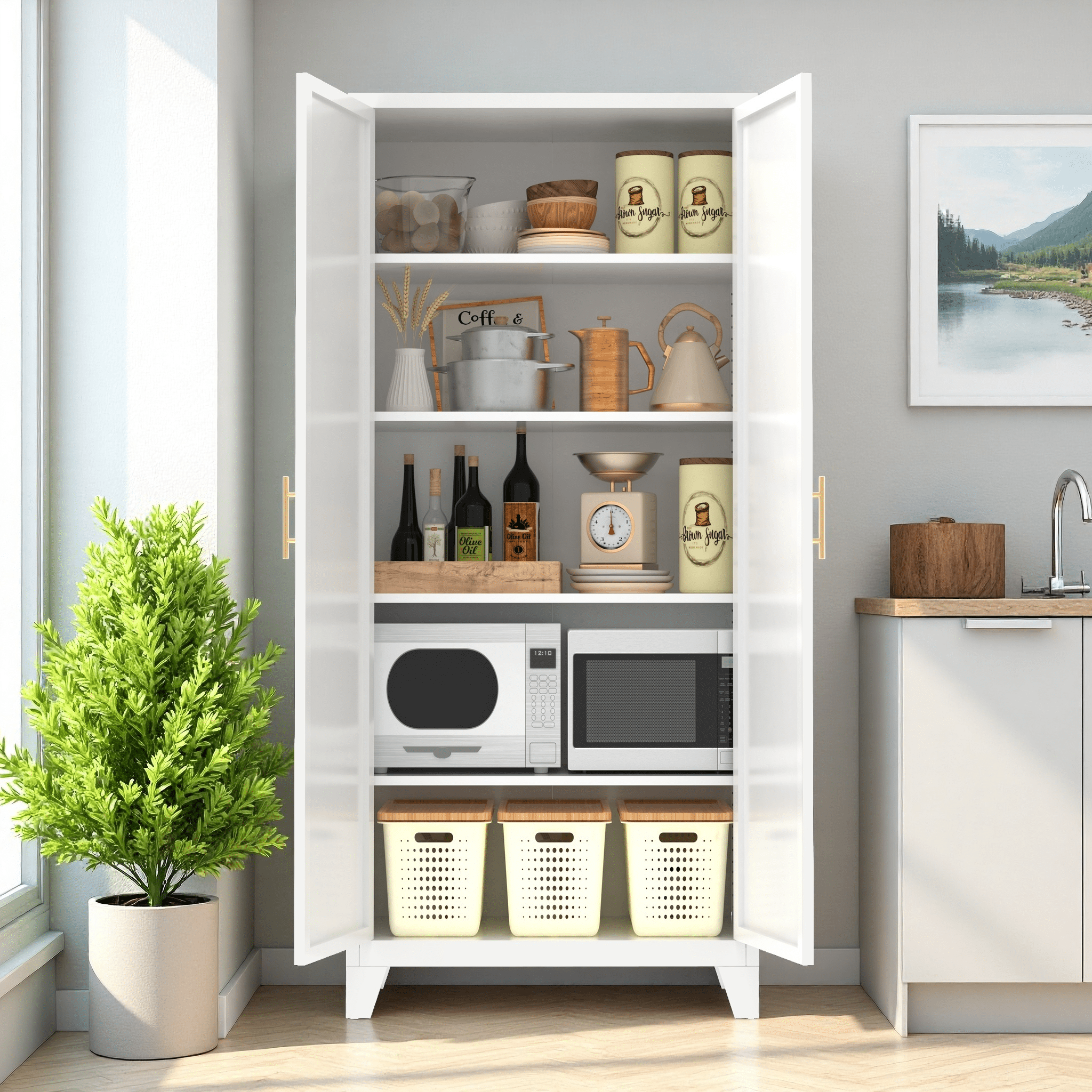 Aukfa 71" Tall Metal Pantry Cabinet,Kitchen Storage Cabinet with Adjustable Shelves for Kitchen, Dining Room, Living Room, White