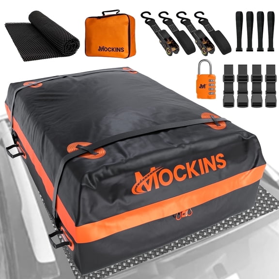 Mockins 30 Cu Ft. Orange Waterproof Roof Top Cargo Bag  (60"x43"x20") with Roof Pad, Straps, Hooks, Lock & Carry Bag