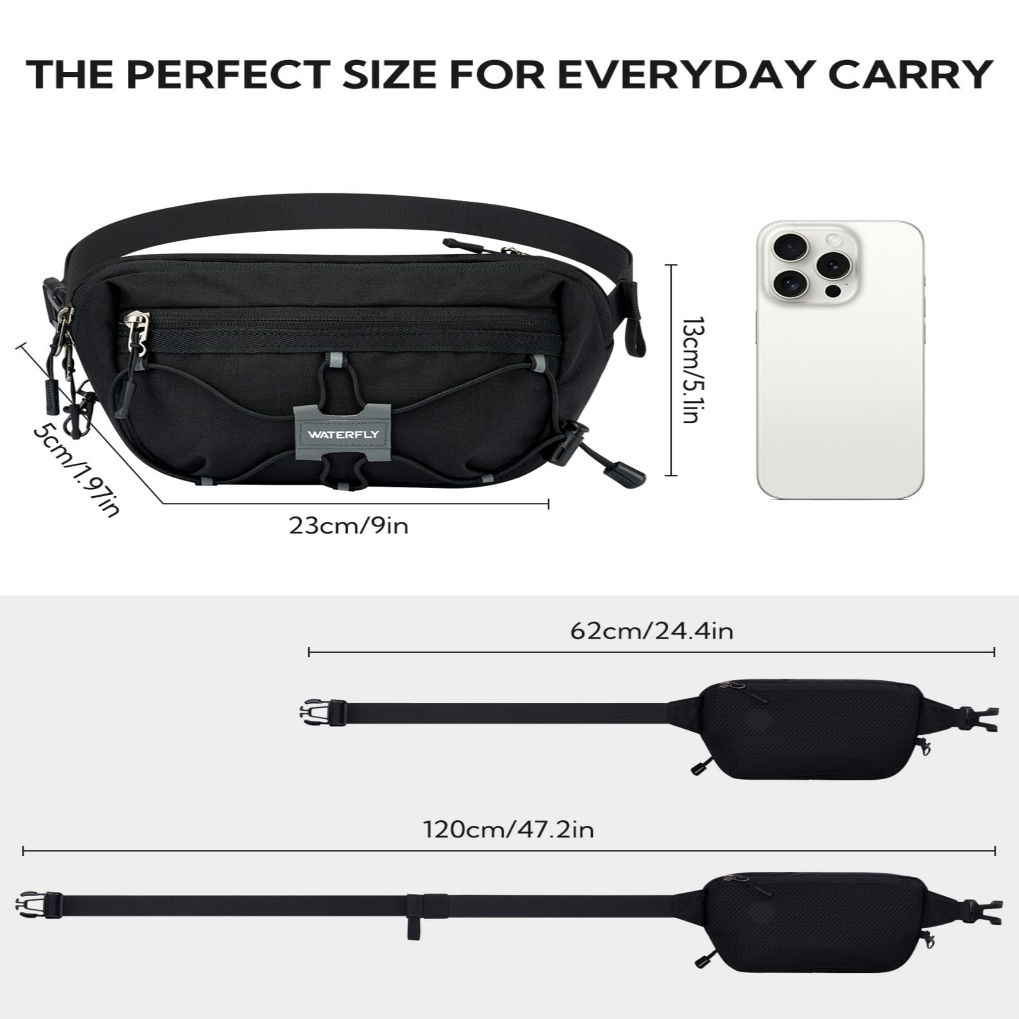 WATERFLY Unisex Anti Theft RFID Blocking Hiking Running Nylon Fanny Pack Waist Bag,Black