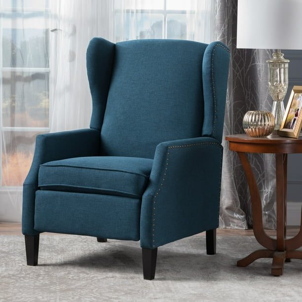 Noble House Allan Traditional Wingback Fabric Recliner, Navy Blue