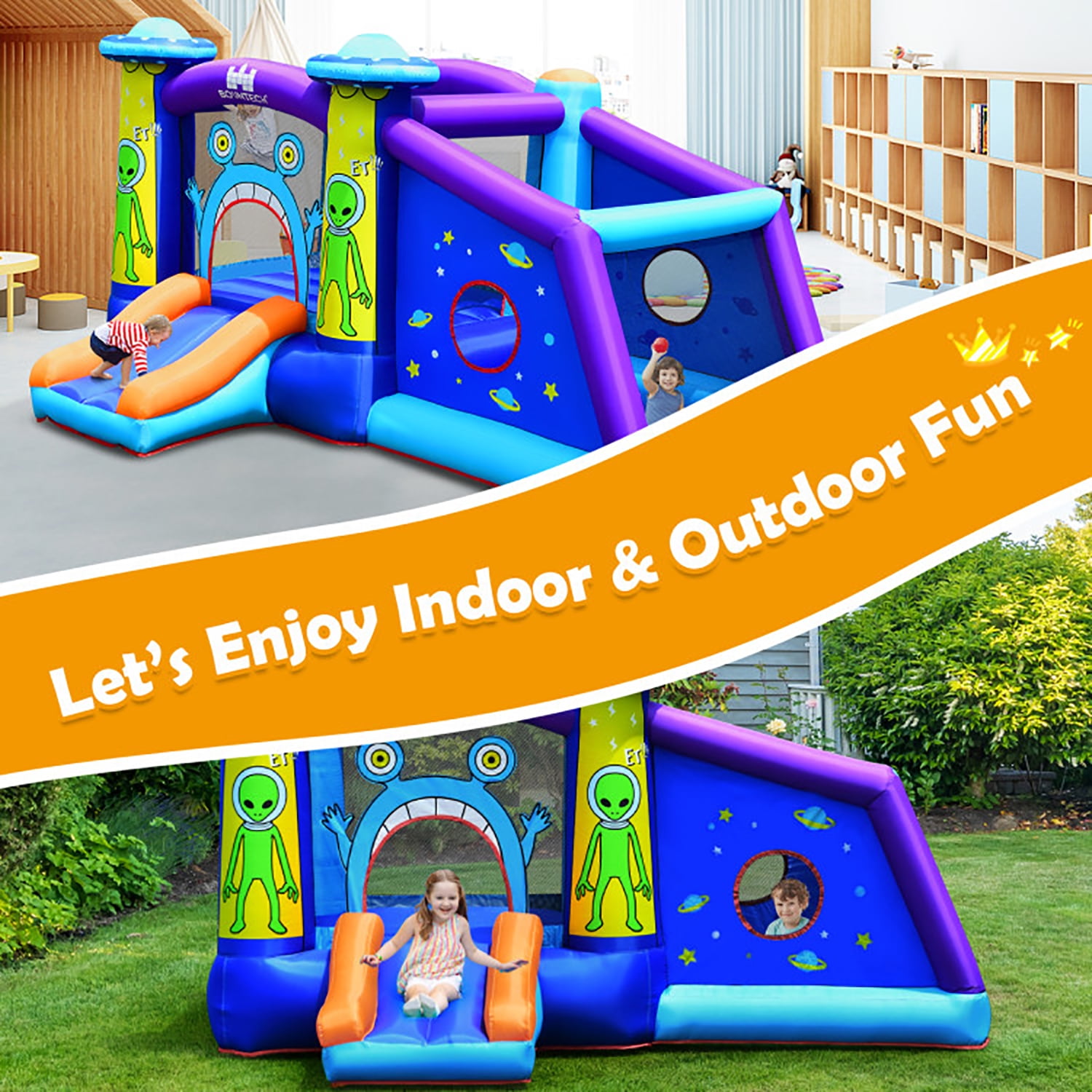 Aimee Lii Kids Inflatable Bounce House Aliens Jumping Castle without Blower, Kids Bounce House