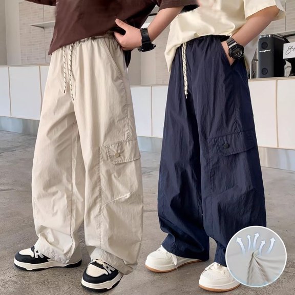 ZHOGXU Kids Boys Cargo Pants High Waisted Solid Color Wide Leg Loose Fit Comfortable Trousers With Pockets For Everyday Wear,Khaki,5-6 Years
