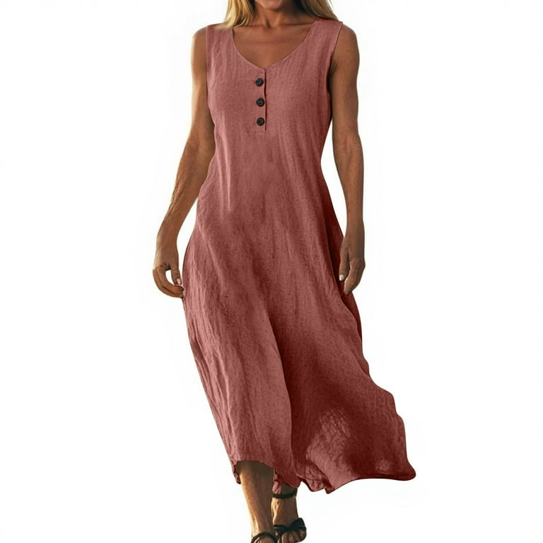 UOCEFIK Club Dresses for Women Summer Sleeveless V Neck Cotton Linen Dresses Casual Button Trendy Vacation Beach Gauze Tank Sundress Pink M
