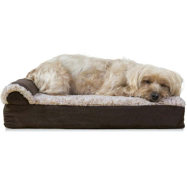 FurHaven Pet Dog Bed | Deluxe Orthopedic Faux Fur & Suede L-Shaped Chaise Couch Pet Bed for Dogs