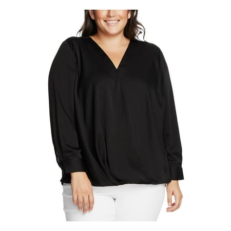 Vince Camuto Womens Plus Hammered Satin V-Neck Wrap Top Black 2X