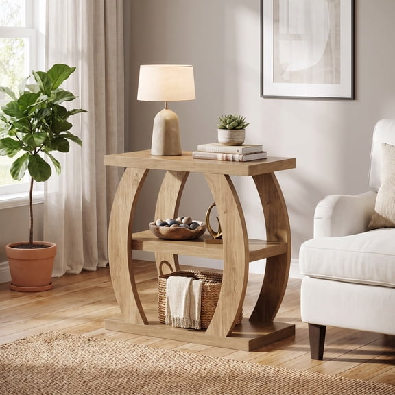 Fnova 3‑Tier Narrow Side Table, Symmetrical Arched‑Frame End Table with Open Storage Shelves, Accent Table for Living Room, Bedroom, Sofa Side