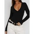 thumbnail image 2 of Womens Deep V Neck Long Sleeve Lined Slim Fit T Shirt Tops Tee, 2 of 4