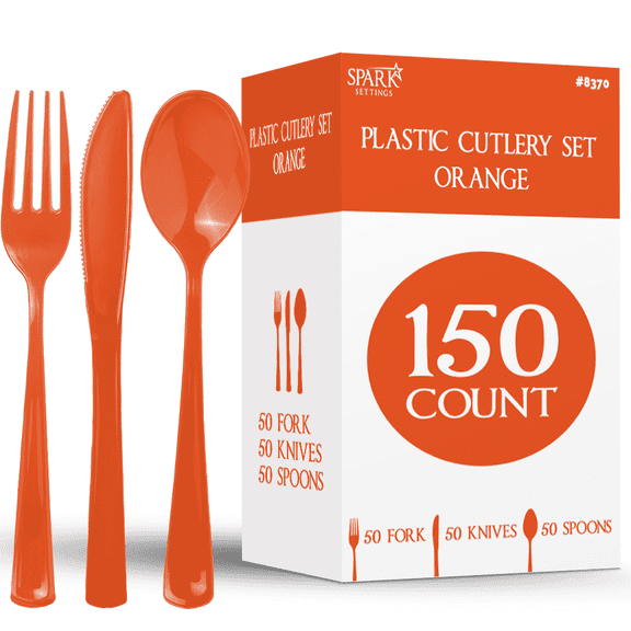 150 Pack Plastic Silverware Heavy Duty, Orange Disposable Cutlery, 50 Spoons, 50 Forks, 50 Knives, Plastic Utensils Set for Home Office School Party Picnics Weddings & More - SparkSettings