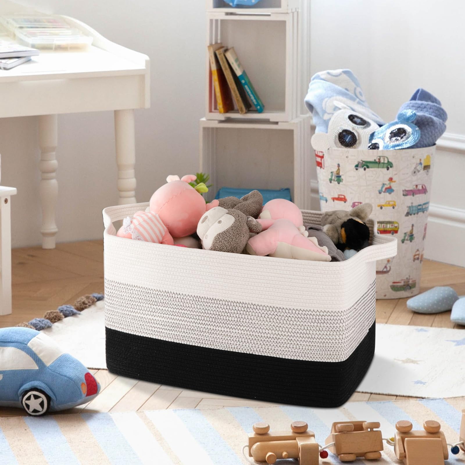 Extra Large Blanket Basket, 95L Woven Storage Basket, Cotton Rope Toy Bin for Baby Room, Container for Storage in Living Room, 24''×17''×14'', Black & White