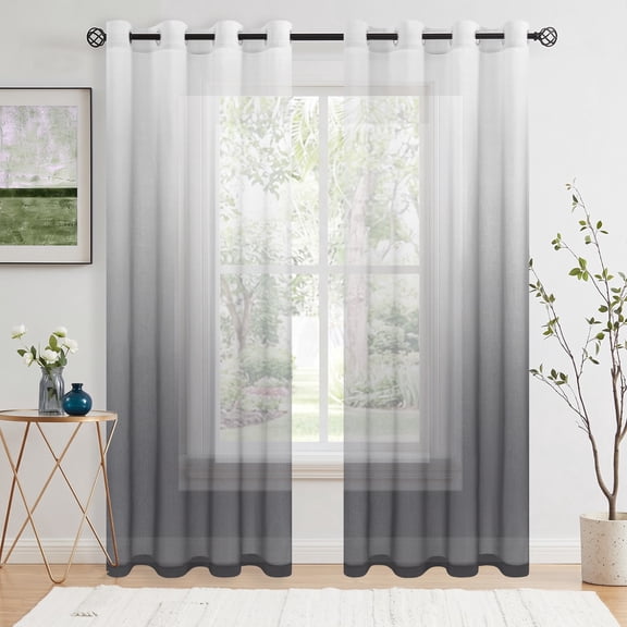 JIUZHEN Gray Ombre Grommet Sheer Curtains 84 Inches Long Semi Sheer Voile Gradient Light Filtering Window Drapes for Bedroom Living Room, Set of 2 Panels, 52 x 84 Inches Long