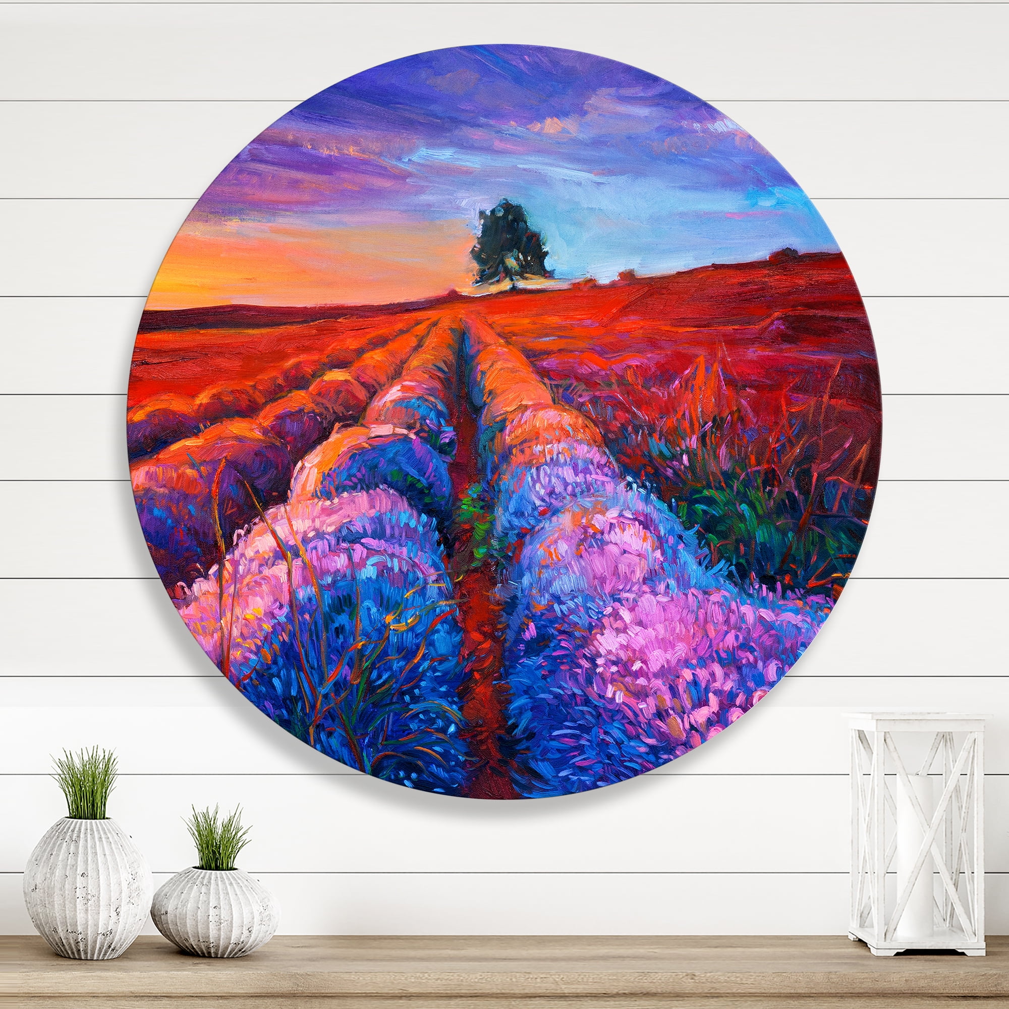 Designart 'Lavender Fields With Distant Tree & Sunset Glow' Farmhouse Circle Metal Wall Art 11x11 - Disc of 11