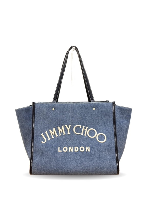 Pre-Owned Jimmy Choo Varenne denim tote bag with embroidery and studs in indigo blue. (Good)