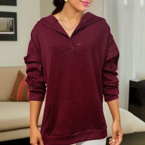 Women's Solid Color Loose Fit Hooded Sequin Pocket Long Sleeve Sweatshirt Ladies Long Sleeve Sweatshirts Knit round Clothes for Sports for Women Hoodies Jacket Women Sweat Jacket Women Junior Tops Top