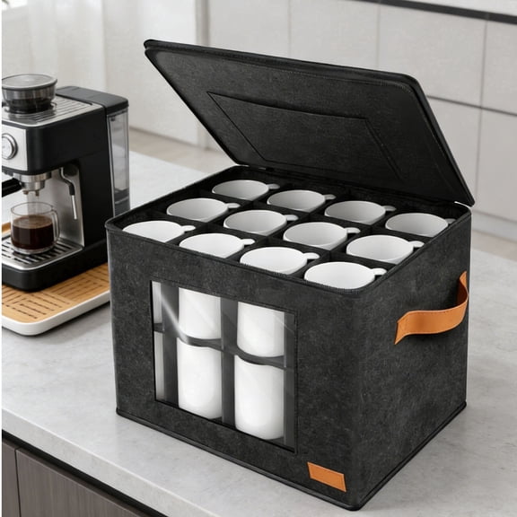 Lzvxtym 2 Layer Coffee Mug Storage Box with Dividers,Stackable Coffee Cup Storage Organizer with Zipper Lid and Handles for 24 Mugs Cups Glasses