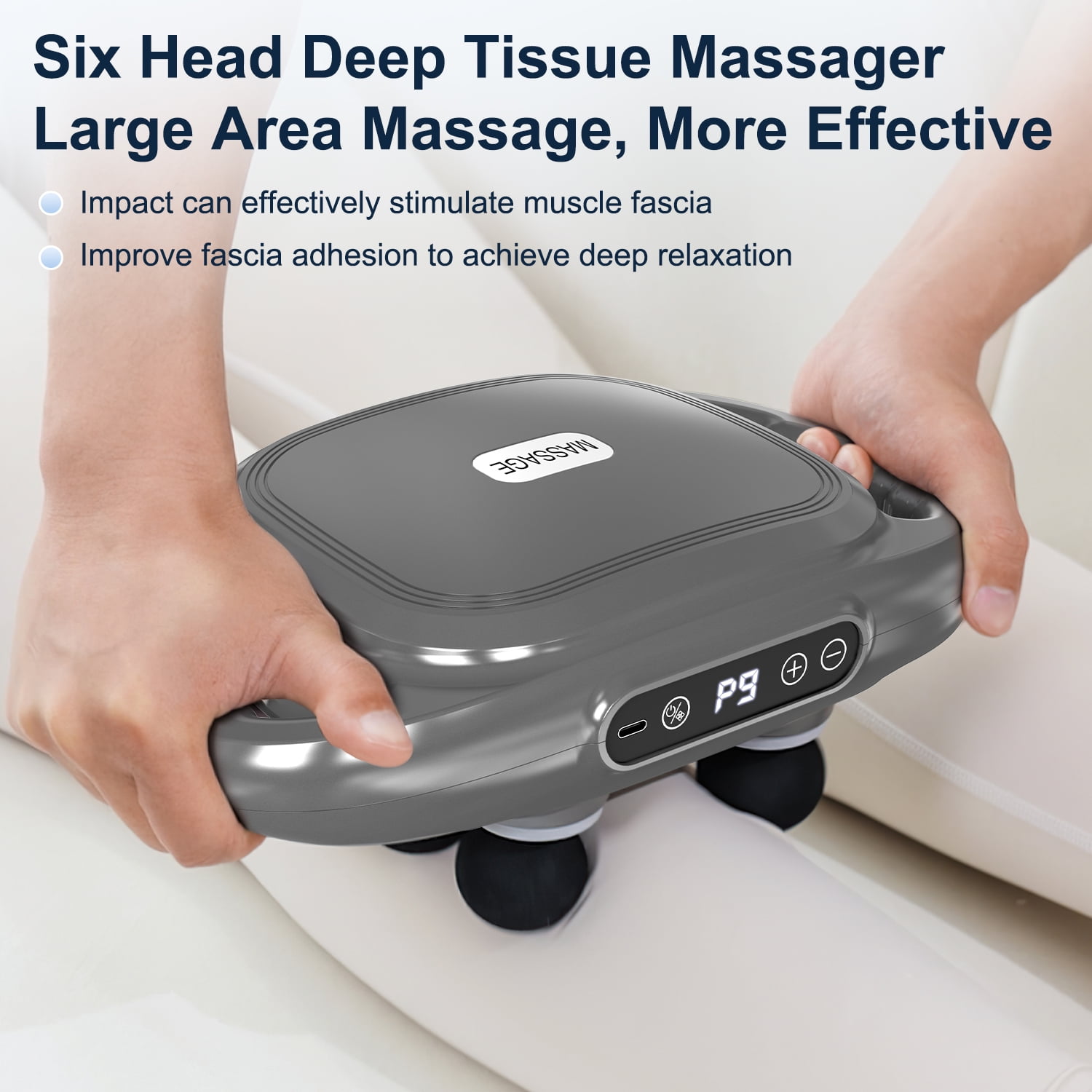 Cshidworld Massage Gun, 6 Head Deep Tissue Quiet Massager, Portable Muscle Massage Gun for Back Neck Muscle Relieve, 9 Levels Speed Modes, Digital Display 6 Massage Heads Link Drive System，Grey