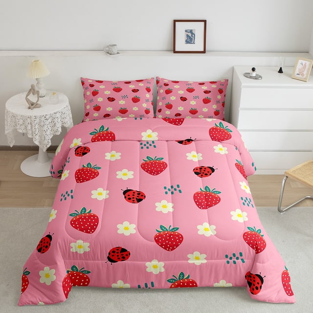 Erosebridal Ensemble de Literie Mignon Fraise pour Lit Simple, Couette Kawaii Coccinelle, Décor de Fleurs de Dessin Animé, Réversible 2 Pcs