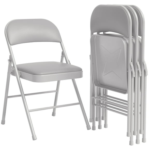 EastVita Set of 4 Folding Chairs,PU Upholstered Foldable Metal Frame,Portable Beige Folding Chairs,Hold Up to 350 lbs,Grey