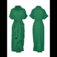 thumbnail image 2 of Vestido Camisero Fruncido de Verano para Mujer, Corta, Solapa, Cuello en V, Fiesta, Cintura Alta, Verde L, 2 of 6