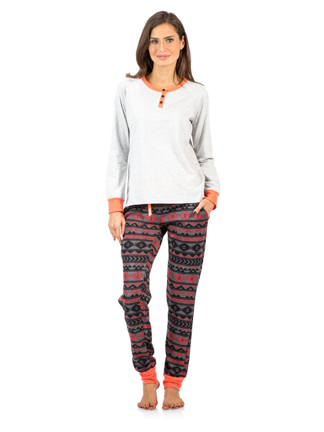 Ashford & Brooks Women's Cotton Henley with Sweater Fleece Pants Pajama