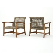 Savannah Outdoor Mid Century Grey Wicker Club Chairs with Acacia Wood Frame, Set of 2, Natural Stain