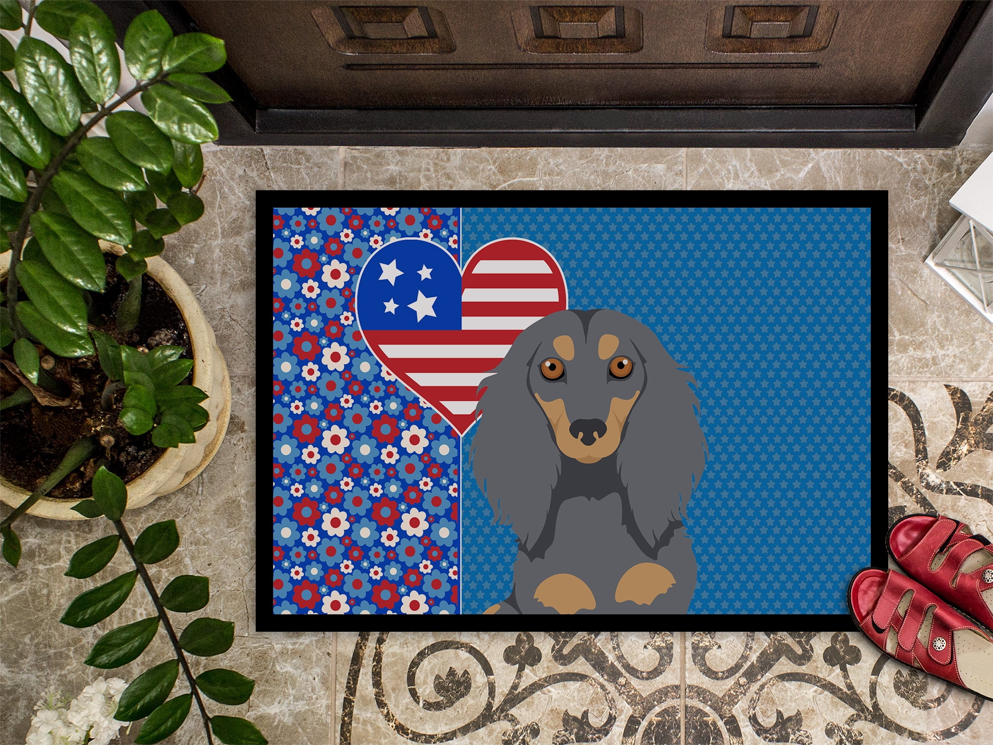 Longhair Blue and Tan Dachshund Indoor or Outdoor Mat 24x36 36 in x 24 in