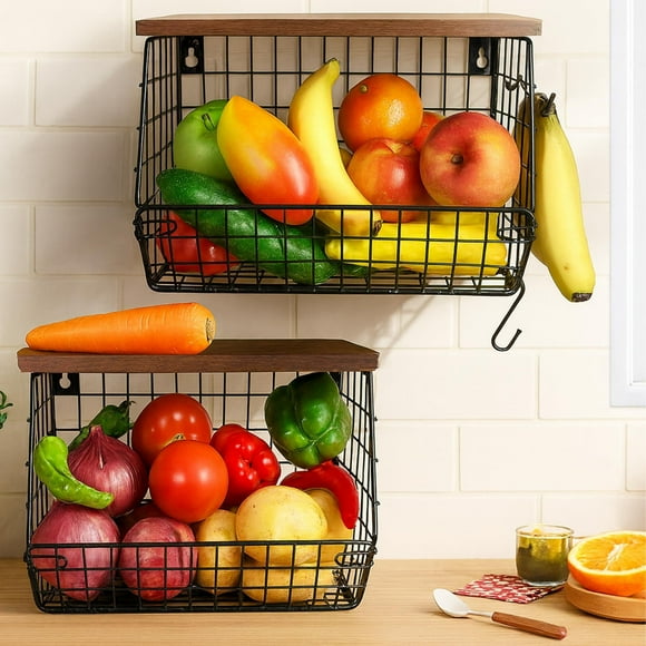 Hanging Fruit Basket for Kitchen, Wall Mounted Metal Wire Storage Bins w/Wood Lid, Banana Hook, Stackable Vegetable Organiser for Countertop Pantry Produce Fruits Onion and Potato
