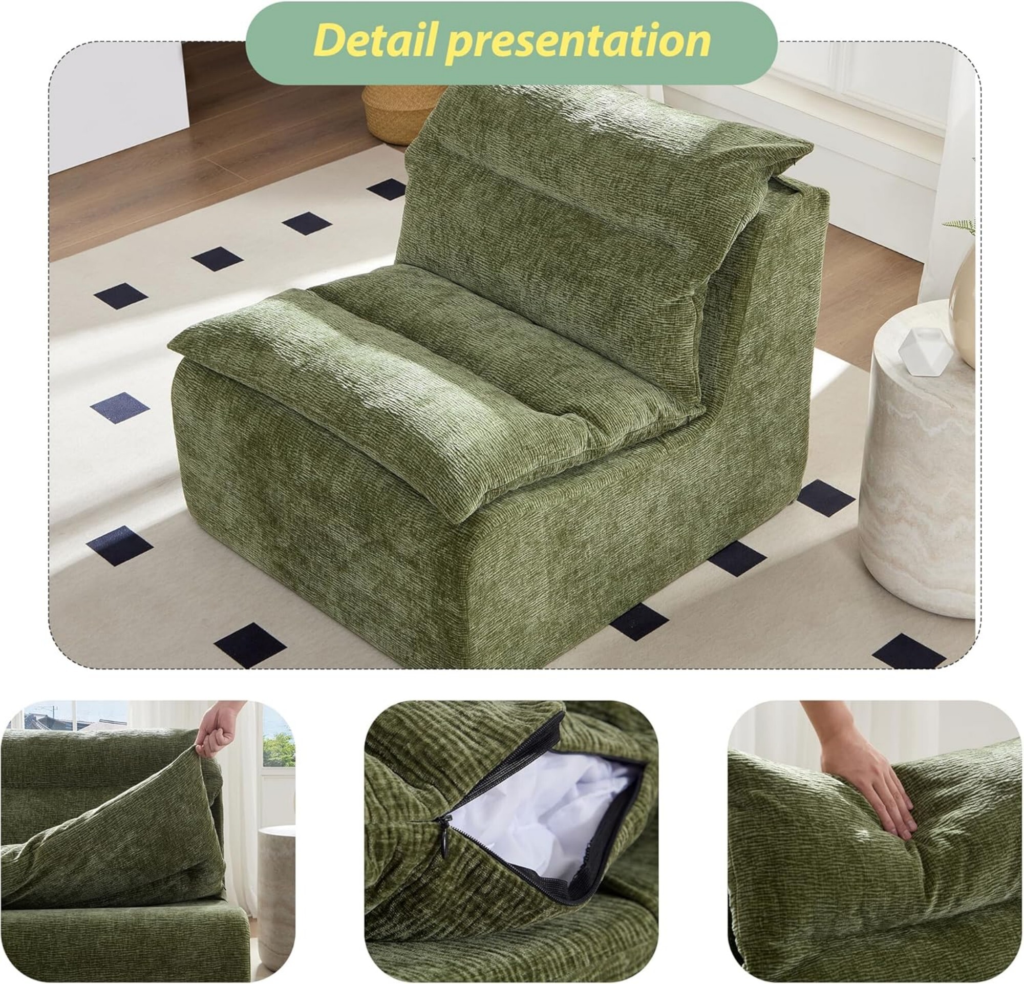 AENKYO Modern Accent Lounge Chair, Comfy Armless Foam Lazy Sofa with Washable Cover, Living Room & Bedroom, Green