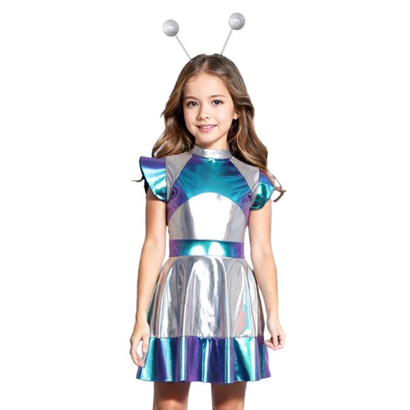 Xnihocha Kids Girls Alien Dress Holographic A Line Dress with Headband Space Man Dress up Outfit Blue 16