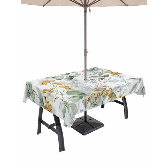 Outdoor Tablecloth with Umbrella Hole for Patio/Picnic/Party/Camping, Spring Flowers Waterproof Table Cloth Rectangle Table Cover Washable, Country Green Eucalyptus Leaves Rustic Plants (54"x 80")