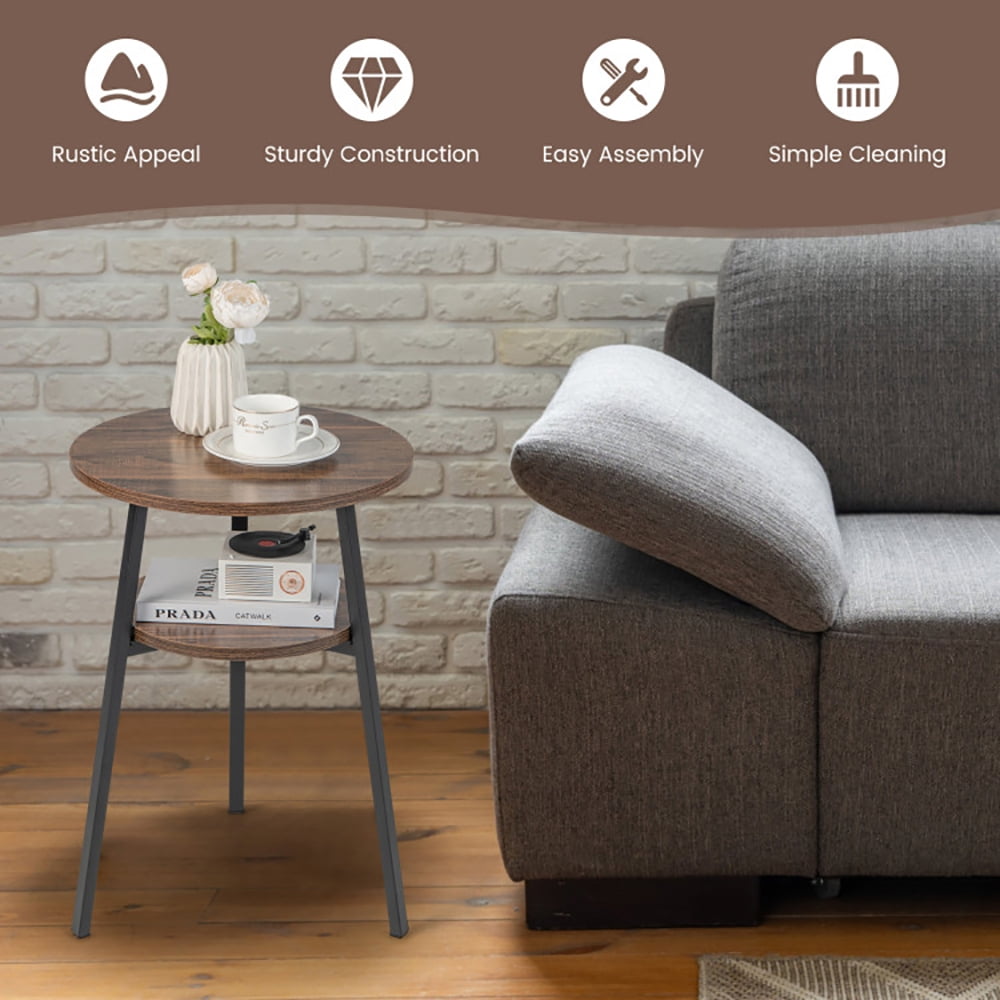 Finihen End Table, 2-Tier Round End Table with Open Shelf and Triangular Metal Frame, Sofa Side Table, Bed Side Table, for Living Room, Bedroom, Brown Finihen End Table, 2-Tier Round End Table with Open Shelf and Triangular Metal Frame, Sofa Side Table, Bed Side Table, for Living Room, Bedroom, Brown