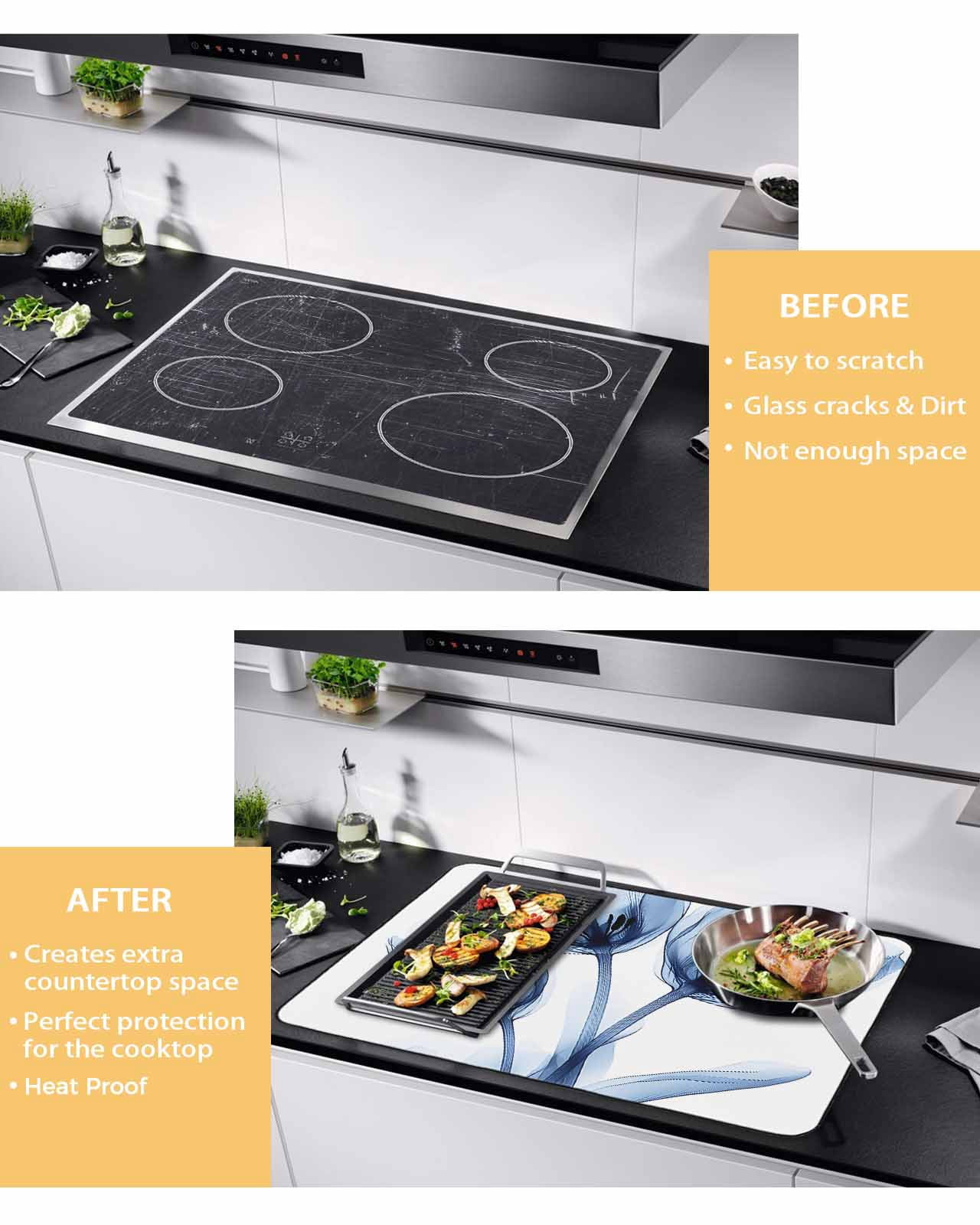 nqOlkjepod Large Induction Cooktop Protector Mat 36"x21", Blue Flowers Stove Top Covers for Electric Stove, Gradient Botanical Tulip Floral Plants Stove Burner Cover Mats, Glass Top Stove Cover