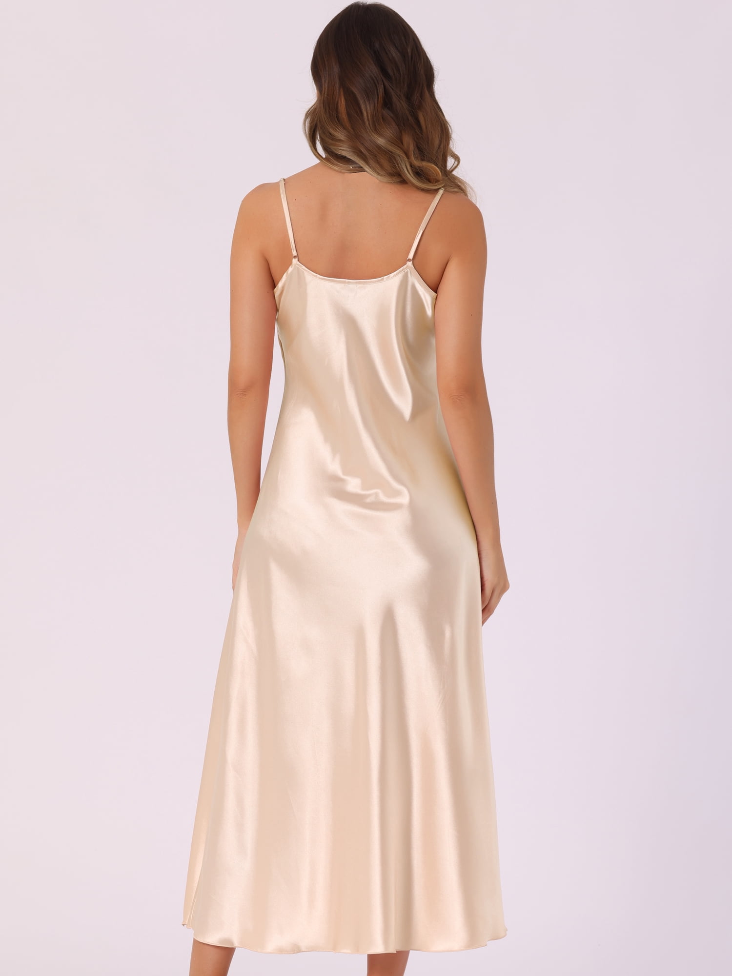 DARING DIVA Satin V Neck Spaghetti Strap Silky Maxi Dress M Champagne