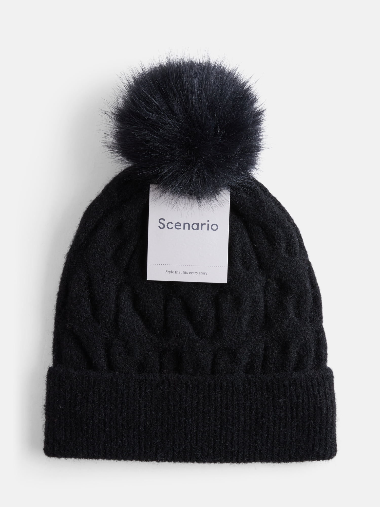 Scenario Women's Cable Knit Pom Beanie, Black Soot