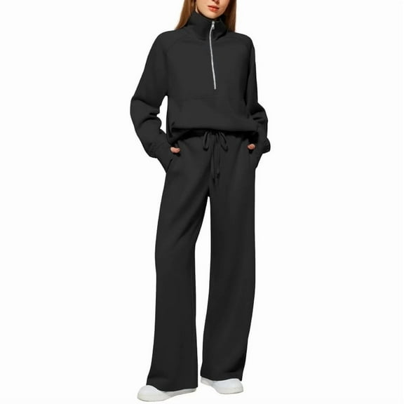 Scacto Women's 2 Piece Outfits Lounge Hoodie Set Oversized Half Zip Pullover Sweatshirt Wide Leg Sweatpant Sweatsuit Tracksuit with Pockets