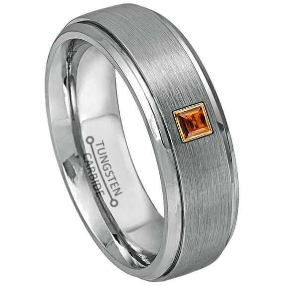 0.05ctw Princess Cut Garnet Tungsten Ring - 7MM Brushed Finish Stepped Edge Tungsten Carbide Wedding Band - January Birthstone Ring - 14kt Yellow Gold Bezel - TN068PSG-1GRs14